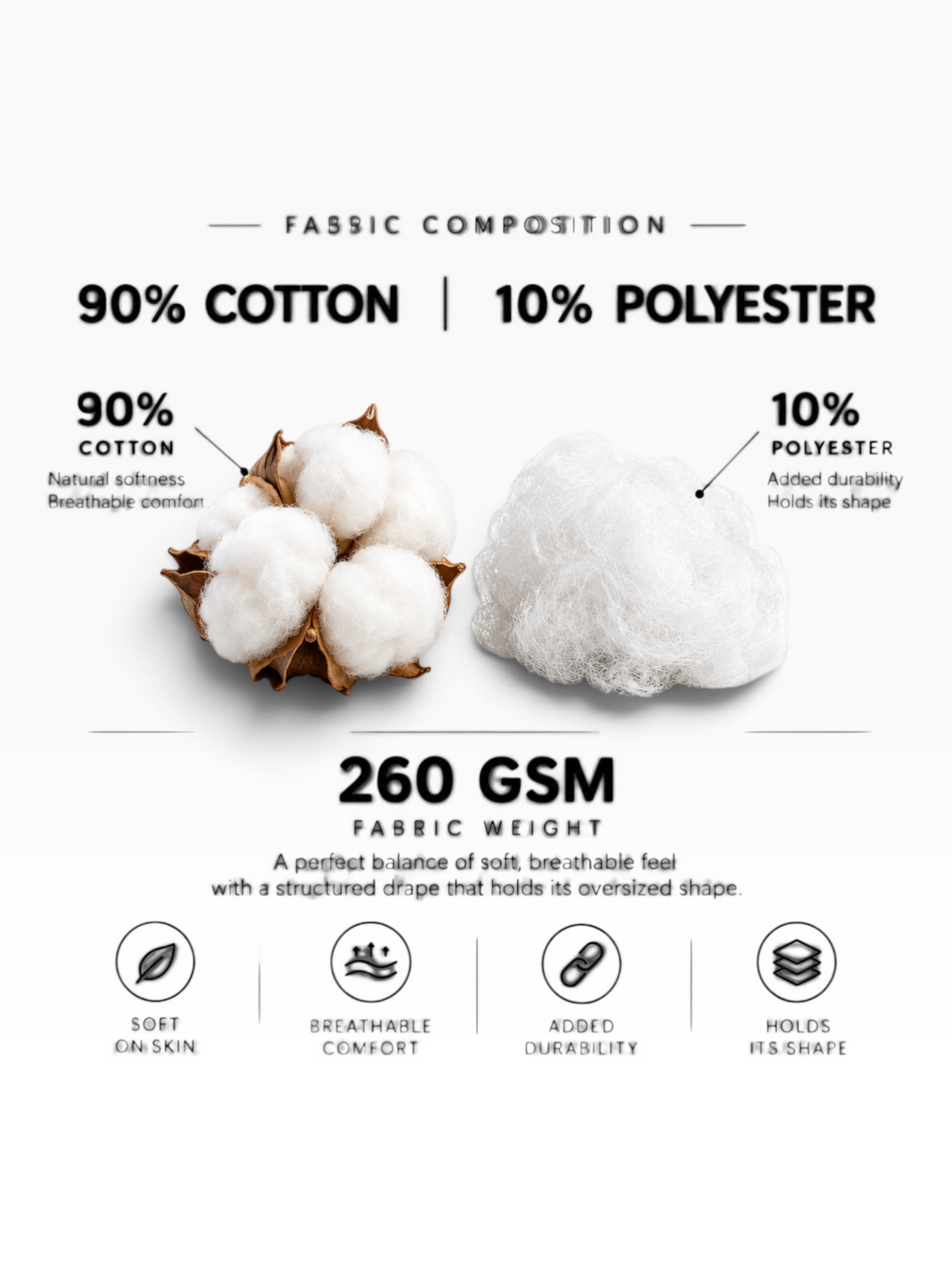 E7 fabric composition infographic showing 90 percent cotton and 10 percent polyester blend with 260 GSM weight