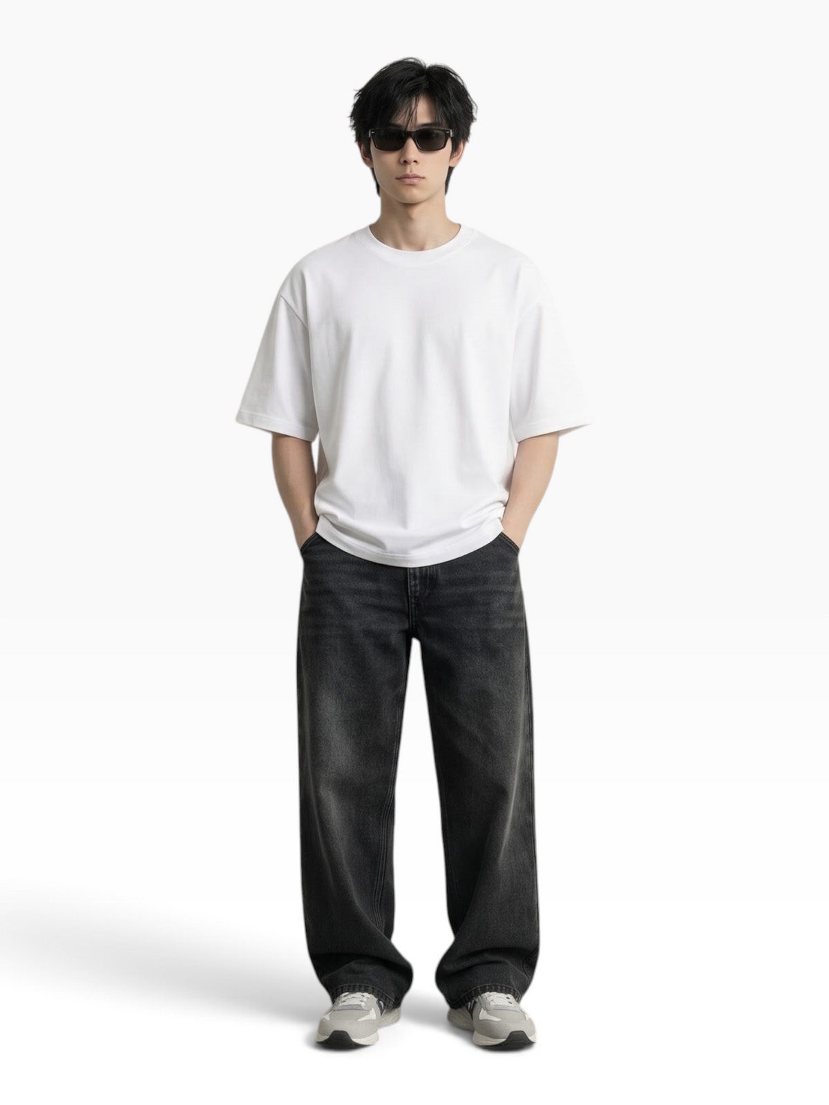 E7 unisex oversized white cotton t-shirt worn by a man with black jeans and sunglasses against a white background