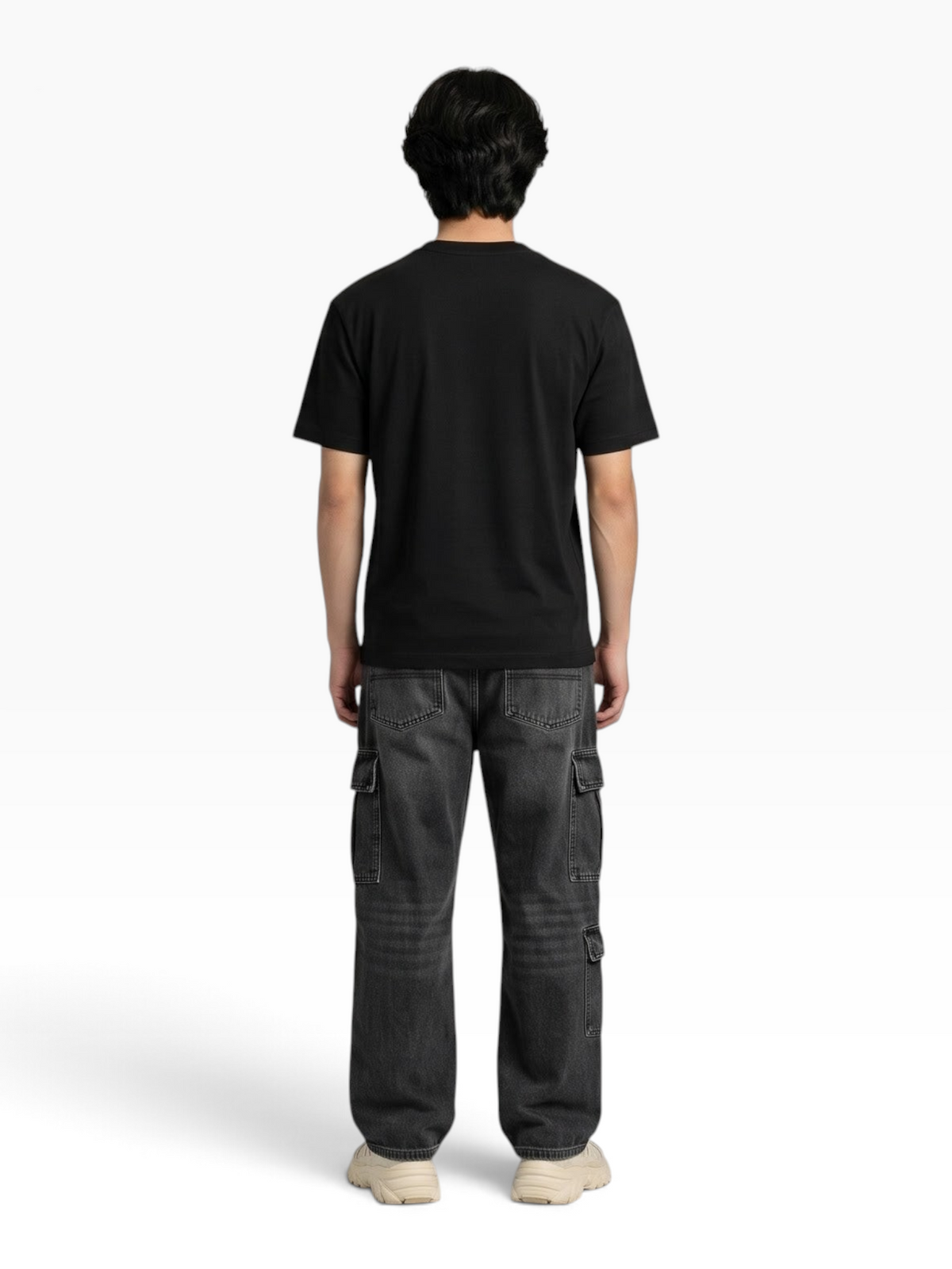 E7 unisex classic crew neck black cotton t-shirt worn by a man, back view, regular fit, grey background