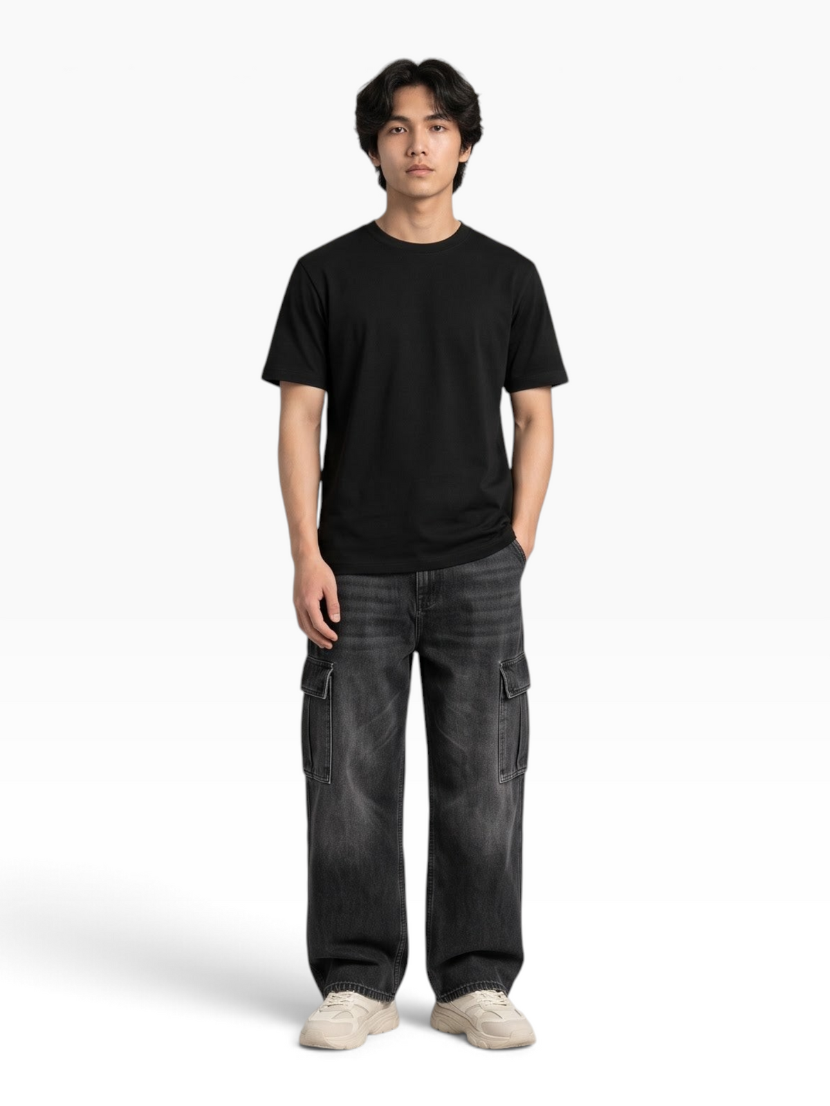E7 unisex classic crew neck t-shirt in black cotton worn by a man with dark grey cargo jeans and sneakers