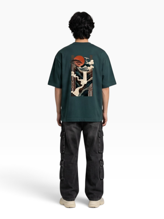 E7 unisex oversized dark green cotton t-shirt with a Japanese-style waterfall and sun graphic on the back