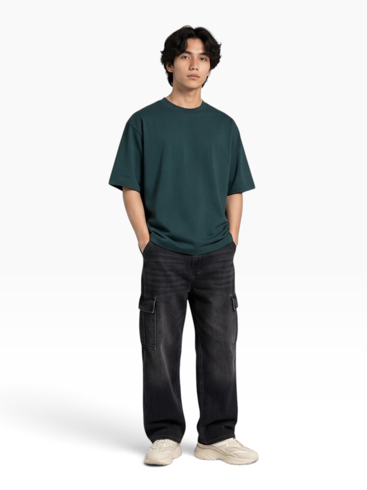 E7 unisex oversized dark green heavyweight cotton t-shirt worn by a man with black cargo pants and sneakers