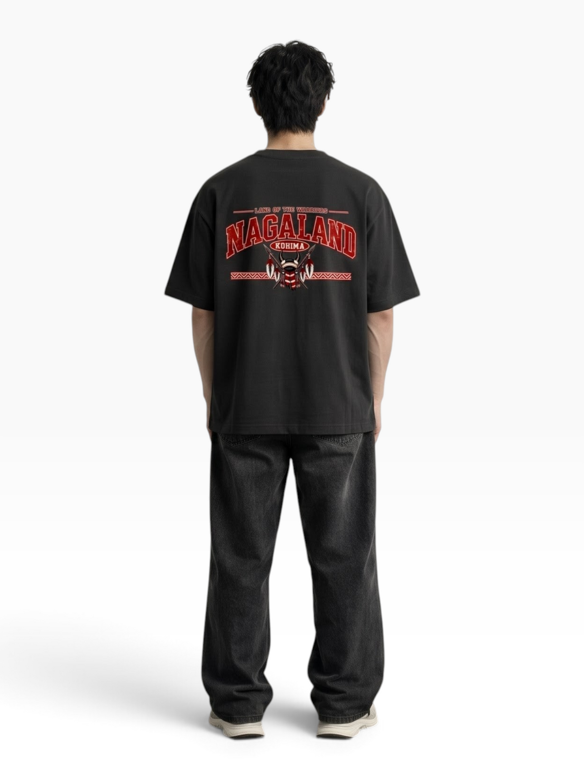 E7 unisex oversized black cotton t-shirt with red Nagaland graphic print on back worn by a man
