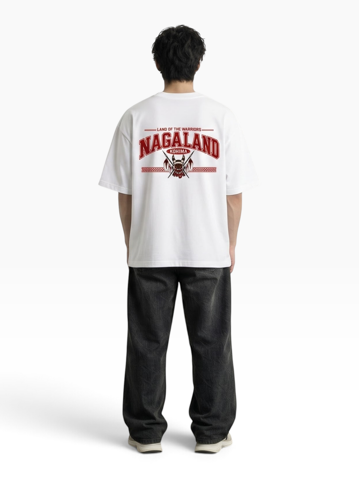 E7 unisex oversized white cotton t-shirt with red Nagaland graphic print on the back worn by a man