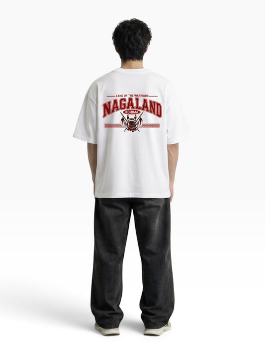 E7 unisex oversized white cotton t-shirt with red Nagaland graphic print on the back worn by a man