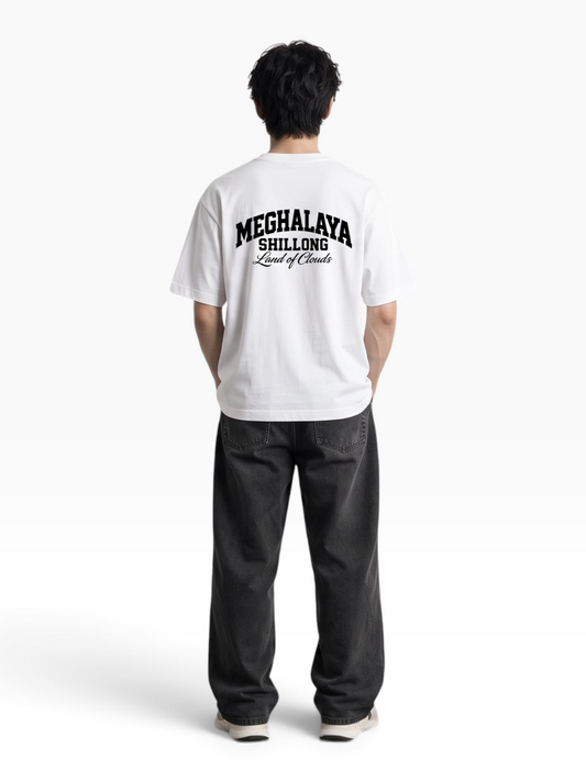 E7 unisex white heavyweight cotton oversized t-shirt with Meghalaya Shillong graphic print on the back