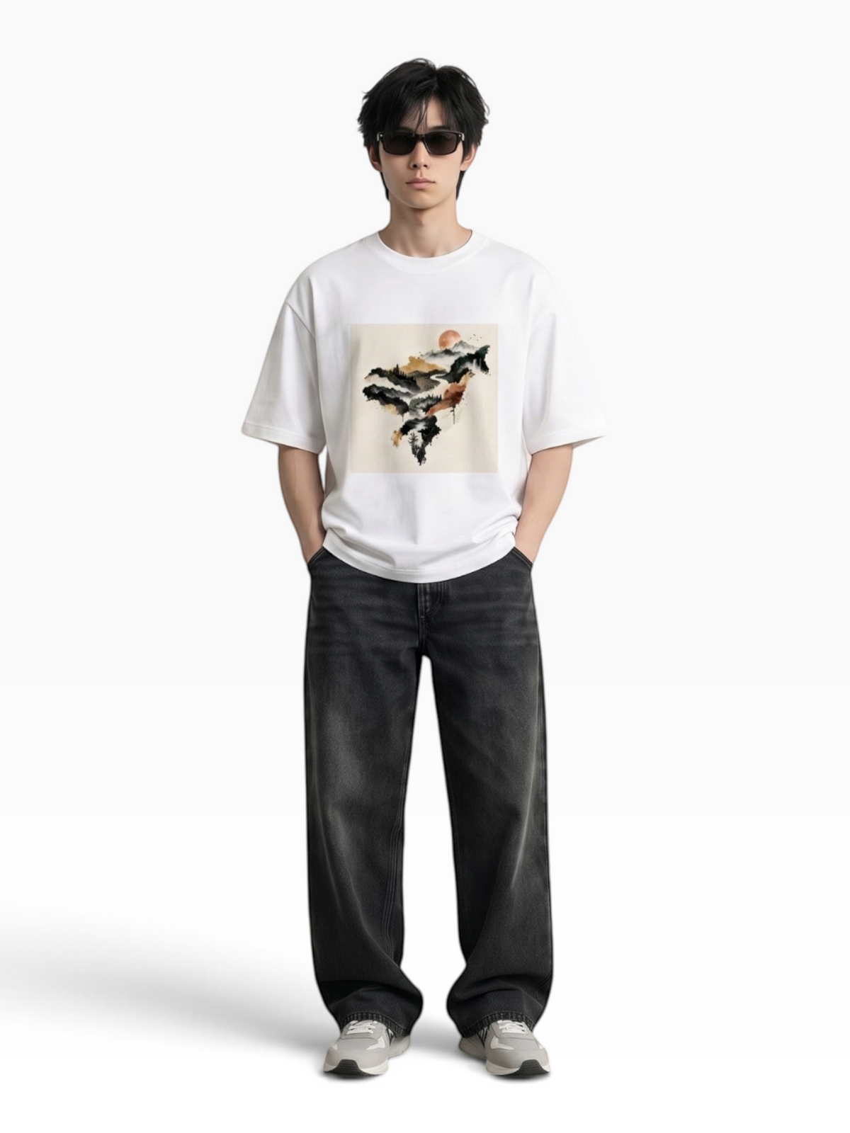 E7 unisex white oversized cotton t-shirt with a mountain graphic print worn by a man with sunglasses and black jeans