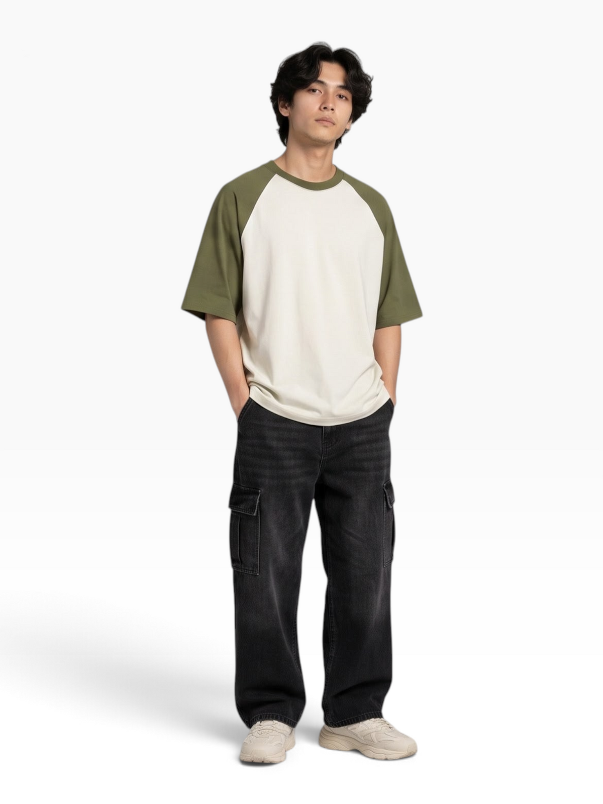 E7 unisex oversized raglan t-shirt in cream and olive green cotton, worn by a man with black cargo pants.