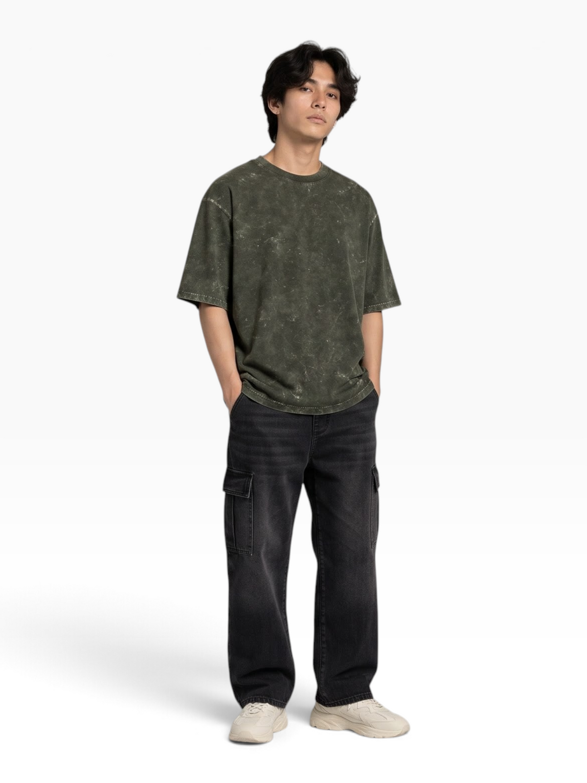 E7 unisex oversized acid washed cotton t-shirt in dark olive green worn by a man with black cargo jeans