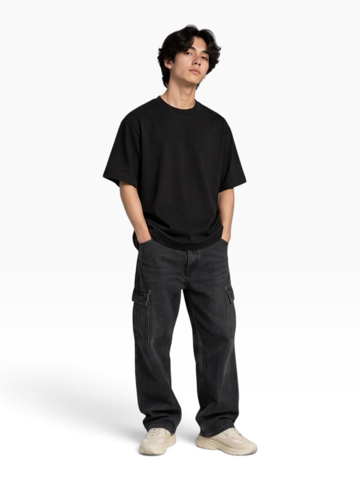 E7 unisex oversized black heavyweight cotton t-shirt worn by a man with dark hair and casual cargo pants