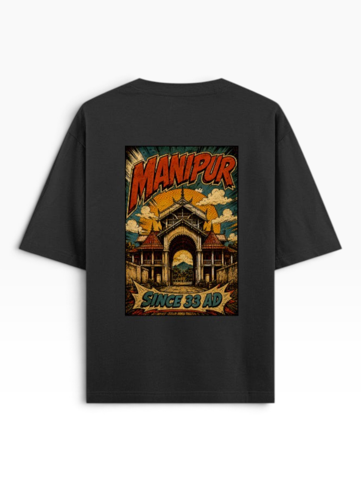 E7 unisex oversized black cotton t-shirt featuring a vintage Manipur graphic print on the back