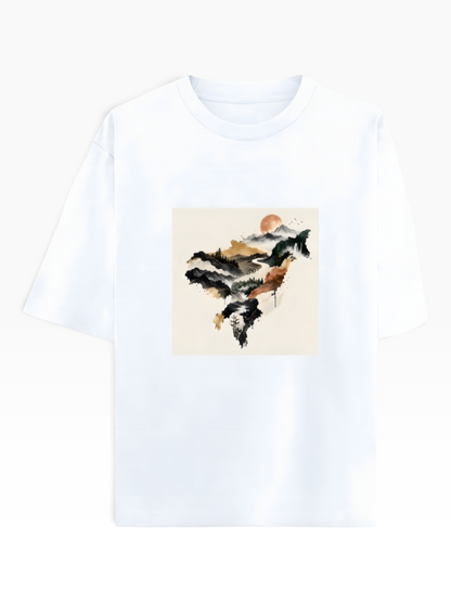 E7 unisex oversized white cotton t-shirt featuring a detailed watercolour mountain landscape of Northeast India print on the chest